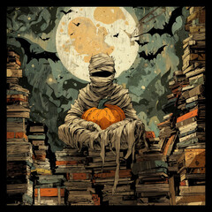 Charming Halloween illustration featuring a cute mummy holding a pumpkin surrounded by stacks of books and a mysterious full moon, perfect for festive cards and wallpaper.