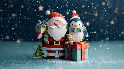Adorable Christmas illustration featuring Santa Claus and a cute penguin with gifts and a Christmas tree, perfect for festive greeting cards and cheerful wallpaper designs.