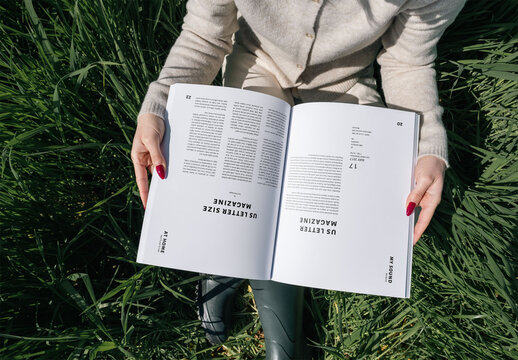 Mockup Of Woman Holding Customizable Us Letter Magazine Open