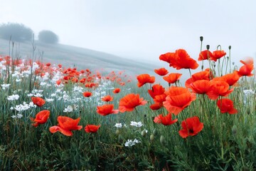 Red poppies blooming in a field on a foggy morning