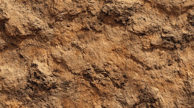 Close-up view of a rough and uneven earth surface, revealing various colors and textures. This natural ground features organic materials and exposed soil layers under bright sunlight.