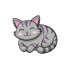 Cute hand drawn cartoon cat isolated, a cute, gray  cat with tabby stripes, pink ears, and a pink belly, depicted in a relaxed, curled-up pose.