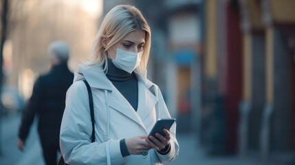 Masked Blonde Woman With Smartphone Walking to Work Outside, generative ai