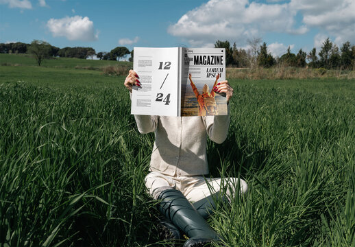 Mockup Of Woman Holding Customized Us Letter Magazine Open