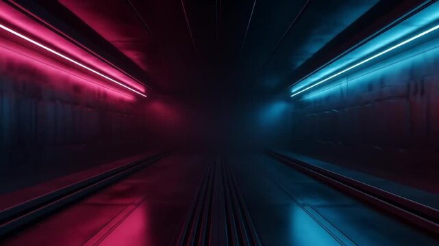 Abstract Futuristic Corridor with Pink and Blue Neon Lights Glowing in Dark Environment