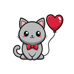 Cute cartoon cat holding a red heart-shaped balloon, surrounded by hearts. Vector icon.