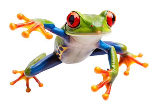 Vibrant red eyed tree frog with bright blue and orange limbs against a stark black background