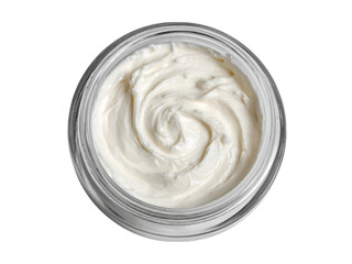Creamy white moisturizer in glass jar close up, Isolated On White Background, Png Transparent