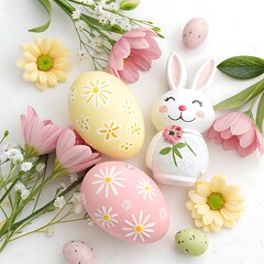 Colorful Easter eggs with spring flowers