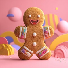 A cheerful gingerbread man with decorative icing set against a vibrant pink background