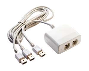 A white usb hub with multiple ports and a connected cable, isolated on a transparent background