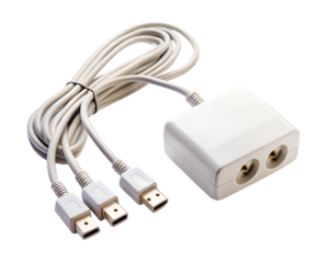 A white usb hub with multiple ports and a connected cable, isolated on a transparent background