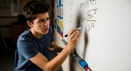 A confused teenage student struggles while solving a complex math equation on a classroom whiteboard.