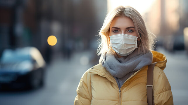 Masked Blonde Woman With Smartphone Walking to Work Outside, generative ai