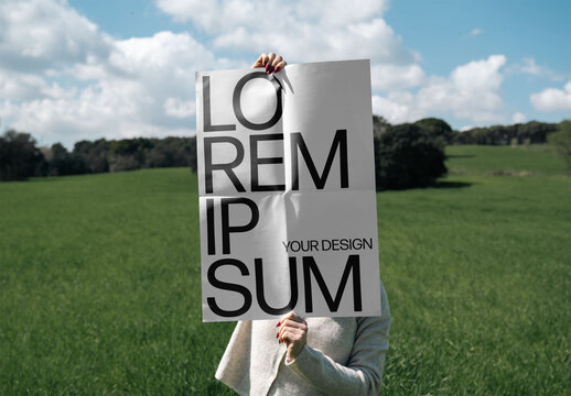 Mockup Of Woman With Vertical Customizable A2 Poster Over Face