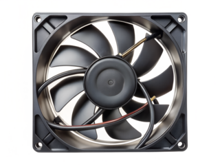 A black computer fan with curved blades and wires, isolated on a transparent background