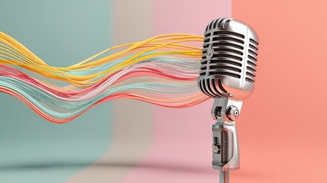 Silver Microphone with Colorful Sound Waves on Pastel Background. High quality