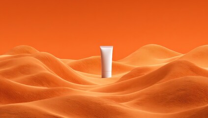 White tube stands on undulating textured orange dunes against an orange backdrop. The soft, sand-like forms give depth & suggest a serene, minimalist desert landscape