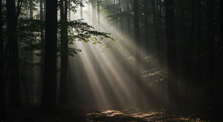 Sunbeams Illuminate Misty Forest Path: Mystical Dawn in Beechwood.