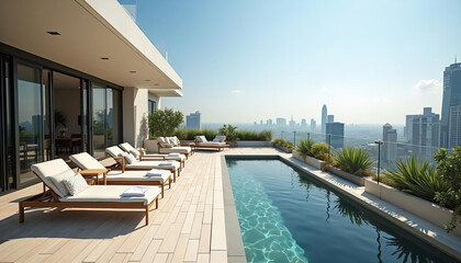 Fototapeta premium Luxury Rooftop Pool Terrace with City Skyline View