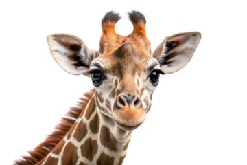 Close up portrait of a young giraffe with distinctive patterned fur against a stark black background