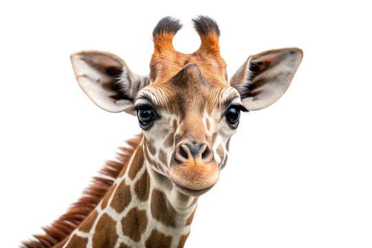 Close up portrait of a young giraffe with distinctive patterned fur against a stark black background