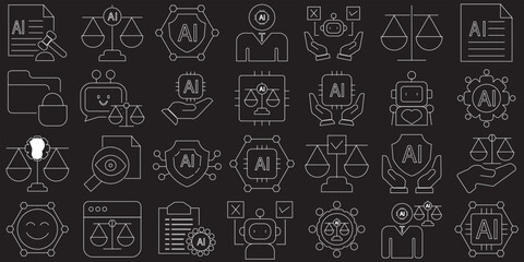 AI ethics icon . Containing data privacy, guidelines, artificial intelligence, fairness, explainable AI, transparency etc. vector illustration. EPS 10/AI