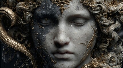 Elegant Mythological Sculpture of Woman with Gold Accents and Serpent in Dark Artistic Style