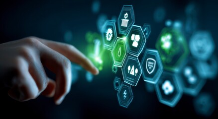 Hand interacting with safety icons on a digital interface