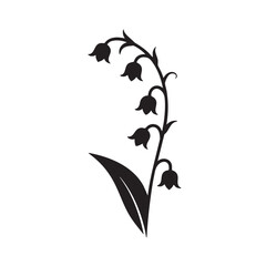Black and white illustration of a lily of the valley plant with a leaf flower botanical