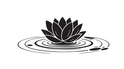 Black and white illustration of a lotus flower on rippling water ripple