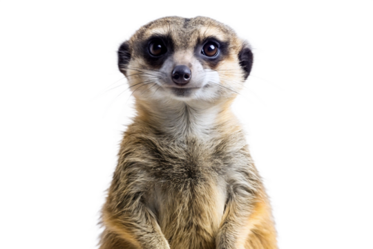 A close up portrait of a curious meerkat standing upright against a solid black background