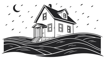 Fototapeta premium Black and White Illustration of a House on Wavy Water Under a Night Sky with Crescent Moon and Rain, Symbolizing Flood, Displacement, or Coastal Li...