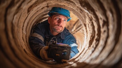Man in hardhat uses camera inside tunnel or pipe for inspection work. This image illustrates infrastructure maintenance and occupational safety themes.