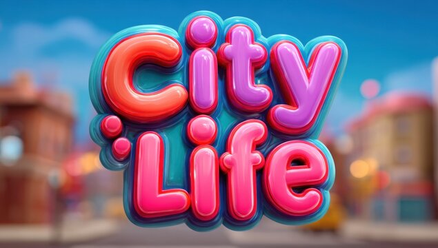 Playful "City Life" text with vibrant, layered, bubble-like letters in red, pink, and purple, set against a blurred urban street scene with buildings and a sunny sky