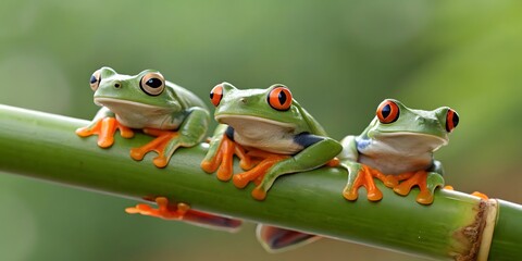 Three vibrant red-eyed tree frogs clinging to a green bamboo stalk, a striking nature portrait