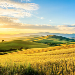 Sunny rural landscape with golden wheat field, farmhouse, and rolling hills under a blue sky.
