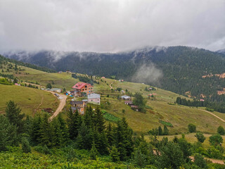 Mountain Village with Scattered Houses and Misty Forest Hills