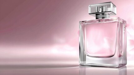 A clear glass perfume bottle against a soft pink backdrop.
