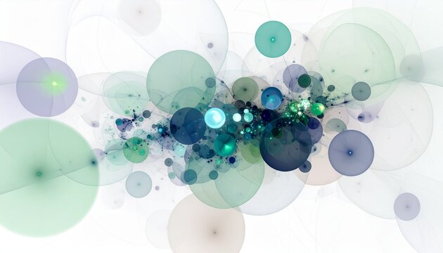Abstract digital art featuring a cluster of translucent, overlapping spheres and bubbles in cool green and blue tones on a white background.