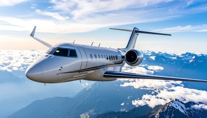 White private jet in flight above mountainous landscape
