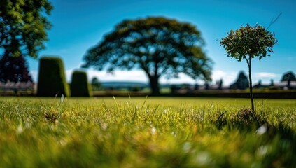 Fototapeta premium Green lawn perspective. A small trimmed tree stands out in focus against blurred topiary and a large tree in the background under a blue sky