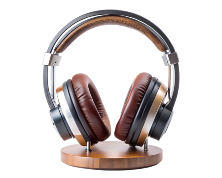Stylish brown leather and metal headphones resting on a wooden stand, isolated on a transparent background - Powered by Adobe