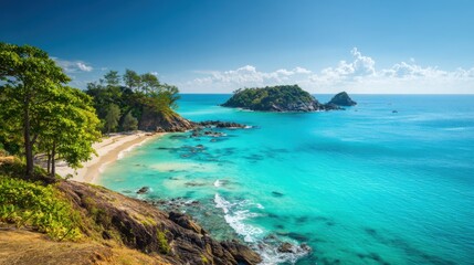 Fototapeta premium Bright sunlight illuminates a tranquil beach with soft sand and clear turquoise waters. Lush greenery surrounds the coastline, while distant islands add to the peaceful setting.