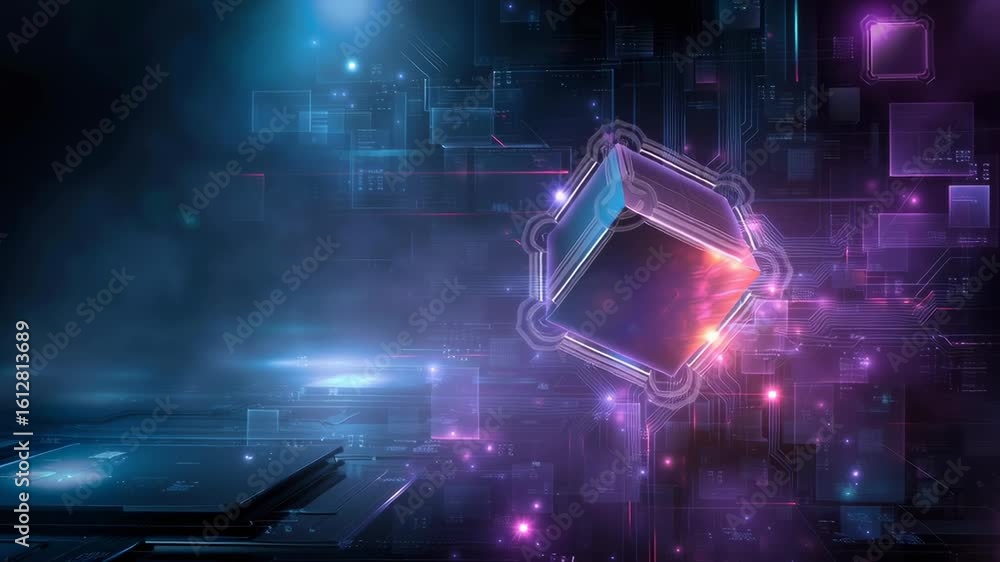 Poster a futuristic abstract technology background with neon lights and glowing circuit lines