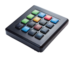 A black programmable macro pad with colorful keys isolated on transparent background