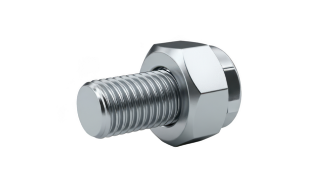 Close up of a single metal bolt with hexagonal head and threaded shaft isolated on transparent background