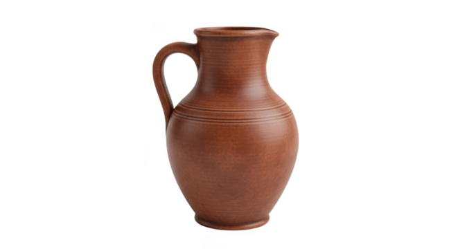 A tall narrow rustic brown clay jug with a single handle and horizontal ribbed detailing isolated on transparent background