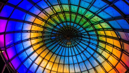 Vibrant spiral of multicolored light in a modern architectural dome. Abstract low-angle view of a glowing glass ceiling structure.