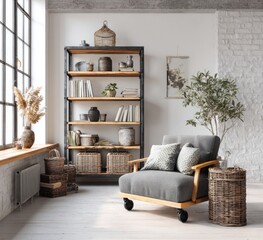 Modern, cozy living room with shelving